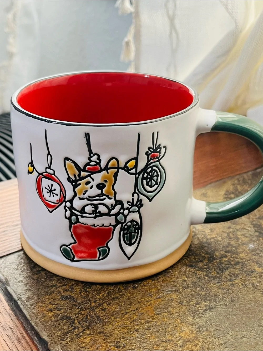 Festive Dog Holiday Ceramic Mug - Red Interior, White Exterior